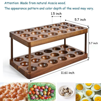 Acacia Wooden Double Layer Egg Holder, 36 Capacity Farmhouse Kitchen 2 Tier Fresh Egg Storage Rack Basket, Deviled Egg Plates Egg Tray Organizer for Countertop - WoodArtSupply