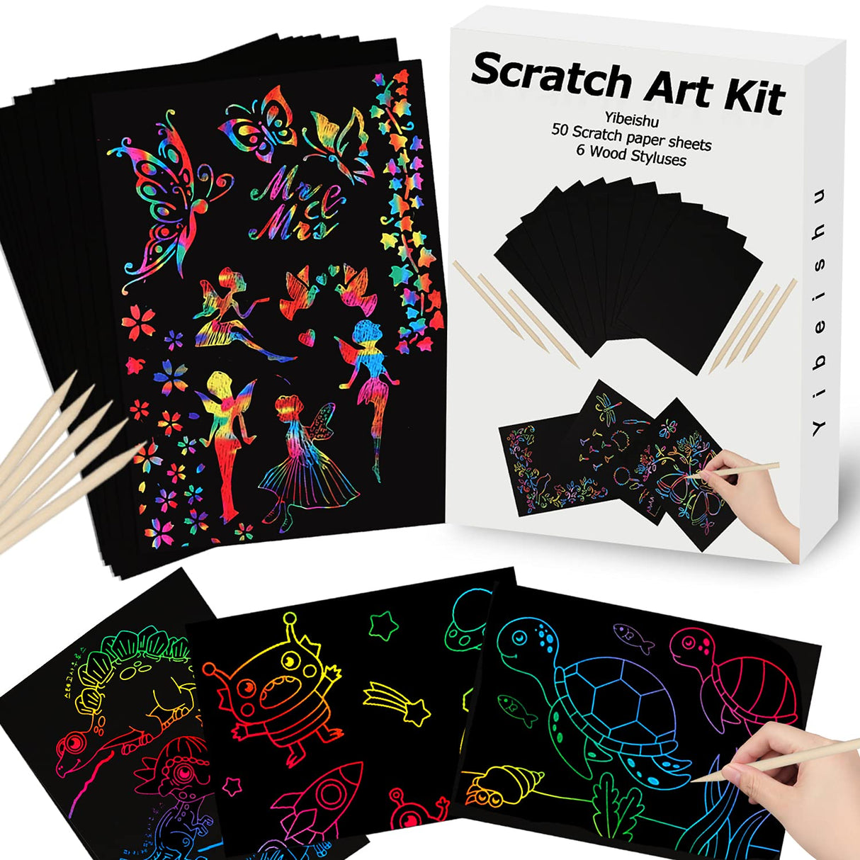 Art Set for Kids Rainbow Magic Scratch Off Paper Black Scratch Sheets Notes Cards Boards Doodle Pads Childrens Crafts Projects Kit for Girls Boys Adults Birthday Christmas Gift Yibeishu