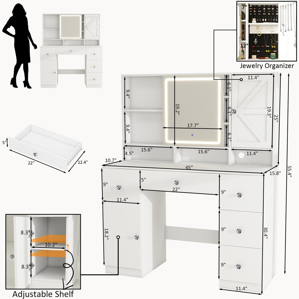 vomavex 45" Makeup Vanity Desk with Sliding Lighted Mirror & Power Outlet, Big Vanity with 5 Drawers, Storage Shelves, 3 Cubbies, 2 Cabinets for Women, Dressing Table for Bedroom, Bathroom, White vomavex