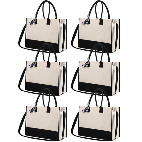 yeload 6 Pieces Canvas Tote Bags with Handles Shoulder Strap - Black and White Blank Sublimation Tote Bags for Women, Bridesmaids, and Daily Use - Bulk Zipper Tote Bags for DIY Crafts and Gifts yeload