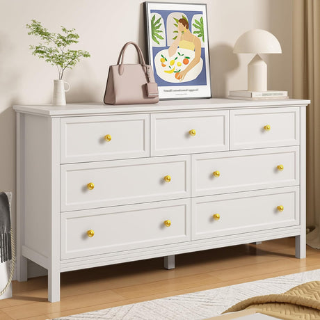 LYNSOM 7 Drawer White Dresser for Bedroom, 55" Wood Dresser with Gold Handles, Wide Modern Chest of Drawers for Hallway, Entryway LYNSOM