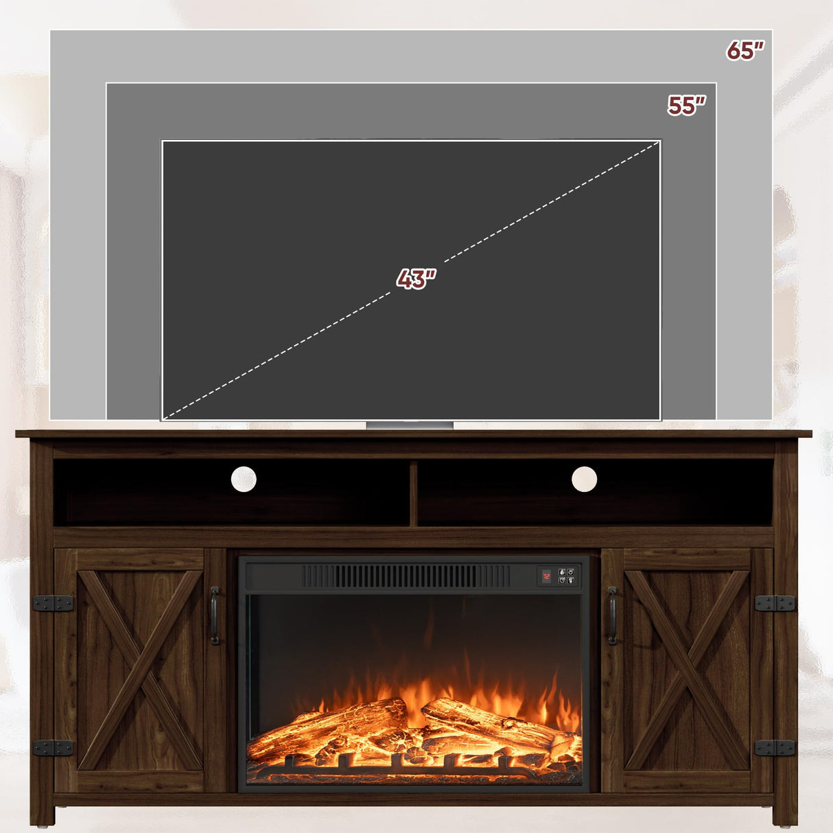 JUMMICO Fireplace TV Stand for TVs Up to 65+ Inch Entertainment Center with Open Storage Shelves and Side Cabinets, Media Console Table with Barn Doors for Living Room (Walnut) JUMMICO