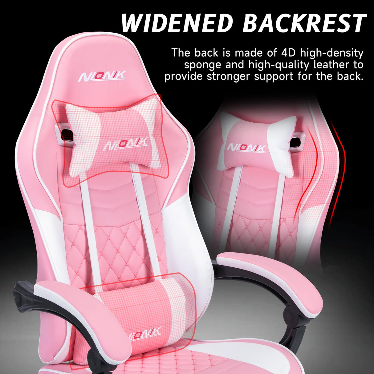 Ergonomic Video Gamer Chairs,Computer Gaming Chairs with Massage Lumbar Support and footrest,Racing Style Computer Chair Adjustable Headrest for Adults,PinkWhite NIONIK