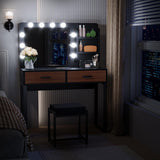 Algherohein Black Makeup Vanity Desk with Mirror and Light Bulb, 39.4" W Make Up Vanity Table with Brown Drawers and Shelves, Dressing Table with Stool and Metal Frame Girls Vanity Set for Bedroom Algherohein