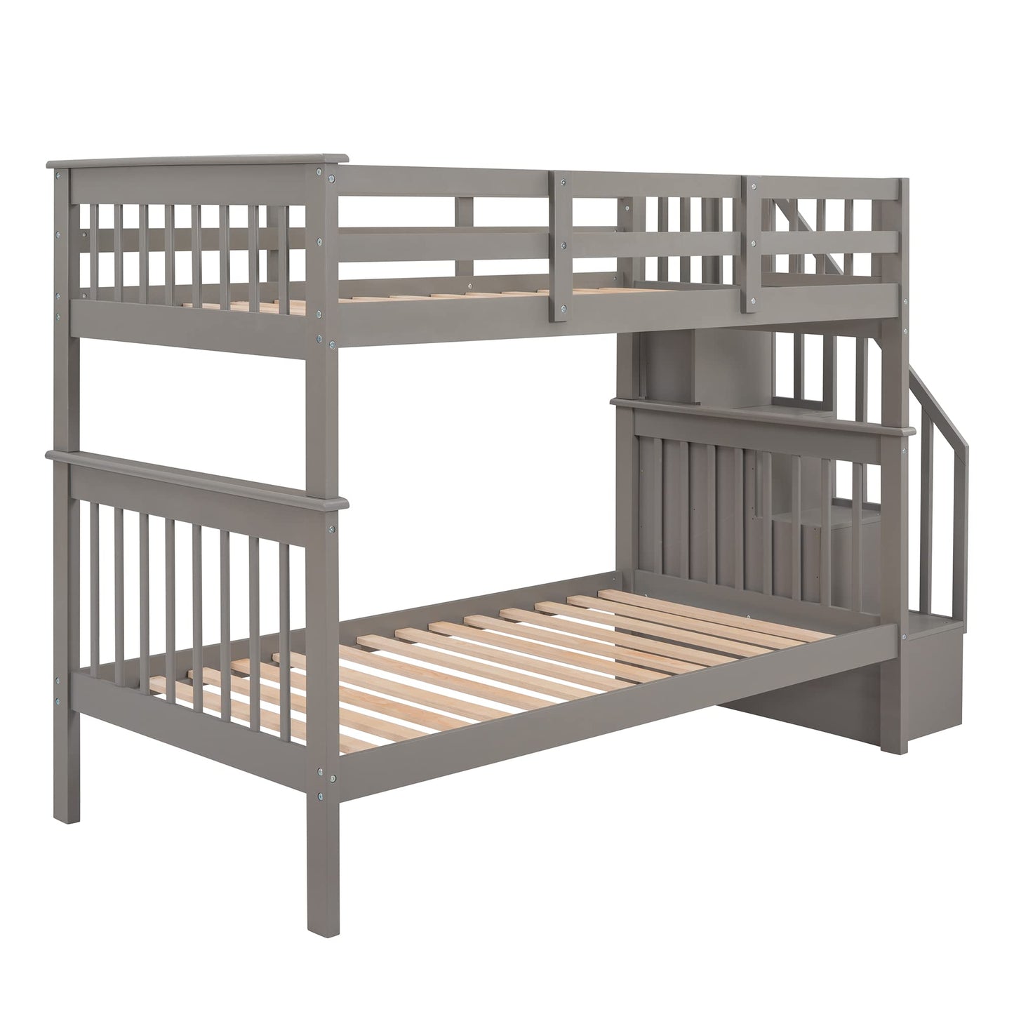 Harper & Bright Designs Twin Over Twin Bunk Bed with Stairs, Solid Wood Bunk Bed Frame with Storage and Guard Rail for Bedroom, Dorm, for Kids, Teens, Adults (Gray)