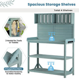 Merax 65" Large Wooden Farmhouse Rustic Outdoor Potting Bench Table with 4 Storage Shelves and Side Hook, Patio Workstation for Garden, Backyard, 46.9 inch Length, Green Merax