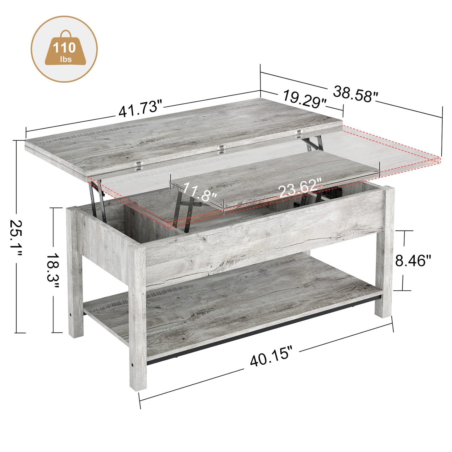 FABATO 41.7" Lift Top Coffee Table, 4 in 1 Multi-Function with Storage for Living Room, Coffee Table Converts to Dining Table for Dining Reception Room, Gray