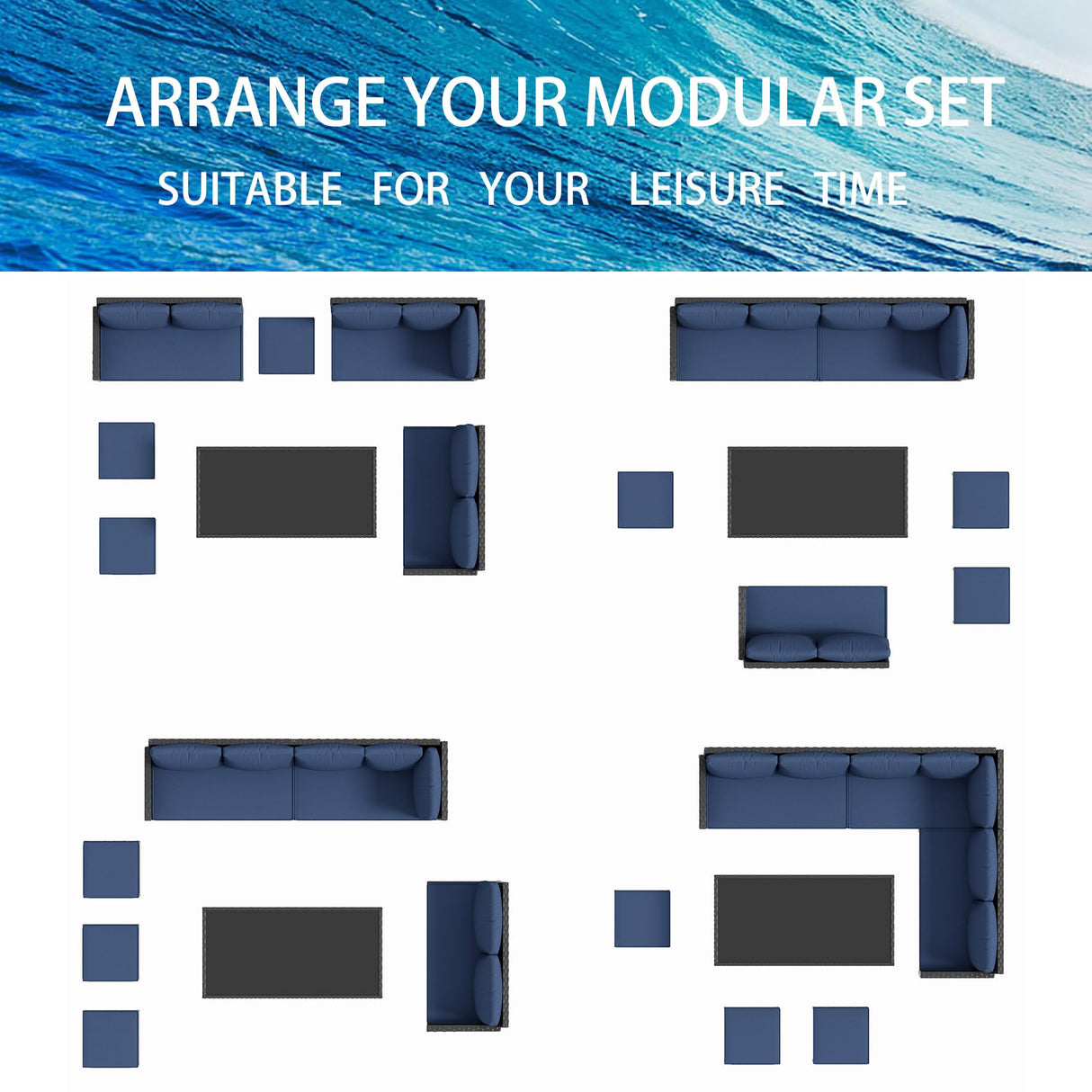 Temminkii 7 Piece Outdoor Dining Set, All-Weather Patio Furniture with Seat & Back Cushions, Conversation Sectional Sofa Set with Long Glass Coffee Table for Garden, Porch, Lawn, Blue Temminkii