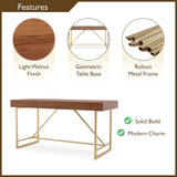 Homes: Inside + Out Lizon Modern 60 Inch Wood Desk With Drawers, Office Table With Storage, Vanity Without Mirror For Bedroom, Study Room, Dorm, Light Walnut Brown & Gold HOMES: INSIDE + OUT