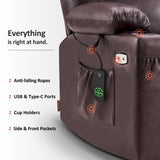 MCombo Large Power Lift Recliner Chair with Massage and Heat for Tall Elderly People, 3 Positions, Cup Holders, and USB Ports, Faux Leather 7516 (Large, Dark Brown) MCombo