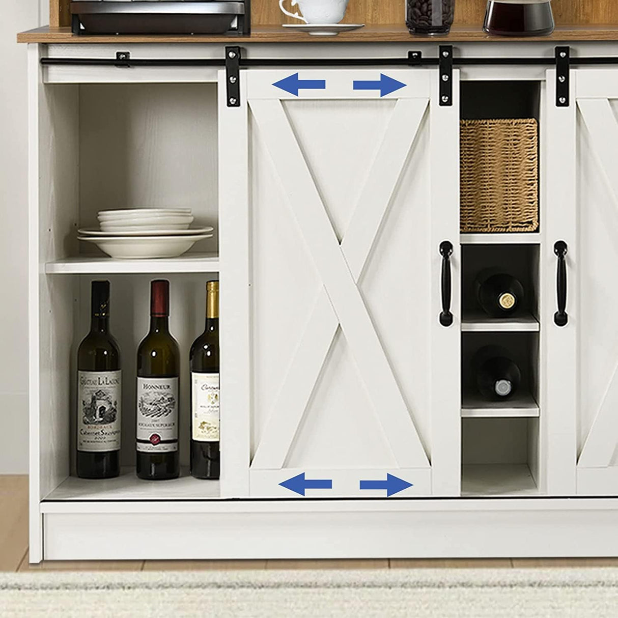 4ever2buy Farmhouse Coffee Bar Cabinet with Hutch, 47 Inch Buffet Cabinet with Storage, White Wine Bar with 9 Wine Racks and 6 Hooks, Coffee Bar Table with Adjustable Shelves for Living Dining Room 4ever2buy