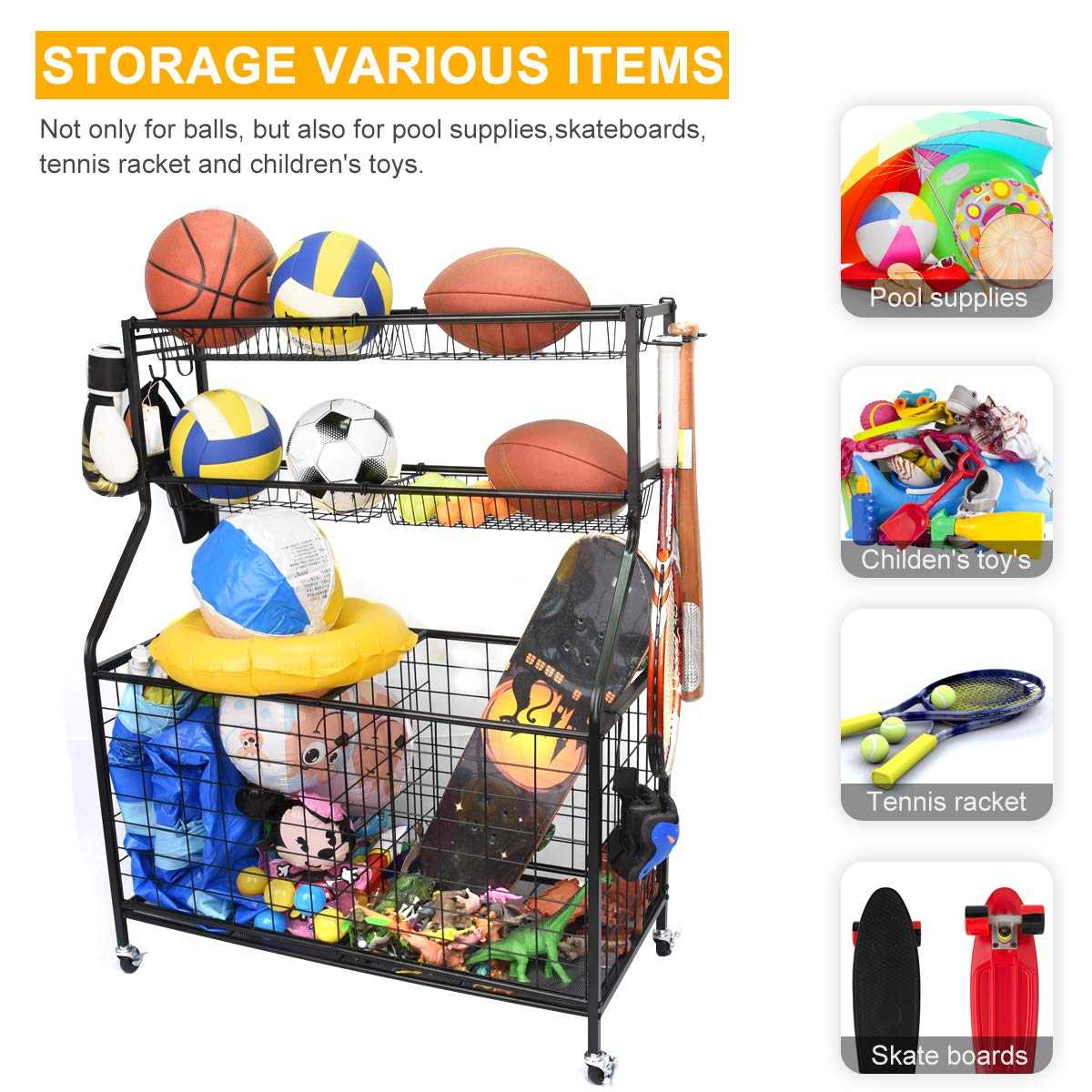 Kinghouse Garage Sports Equipment Organizer, Ball Storage Rack, Ball Storage Garage, Garage Organizer, Rolling Sports Ball Storage Cart, Black, Steel - WoodArtSupply