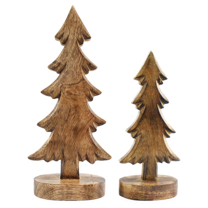 AuldHome Wooden Christmas Trees (Set of 2, Natural); Tabletop Handmade Wood Trees with Rectangular Base for Holiday Home Decor