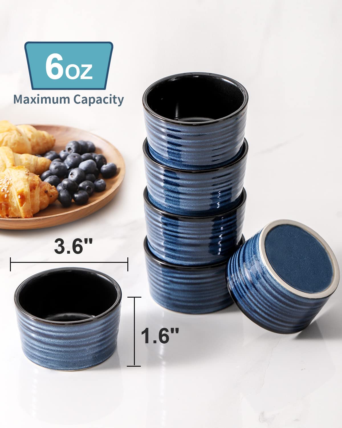 Hasense 6 oz Ramekins for Baking,Ceramic Souffle Dish Oven Safe Set of 6,Porcelain Dipping Sauce Bowls for Pudding, Creme Brulee, Souffle, Serving Dip, Custard, Ice Cream(Blue) Hasense