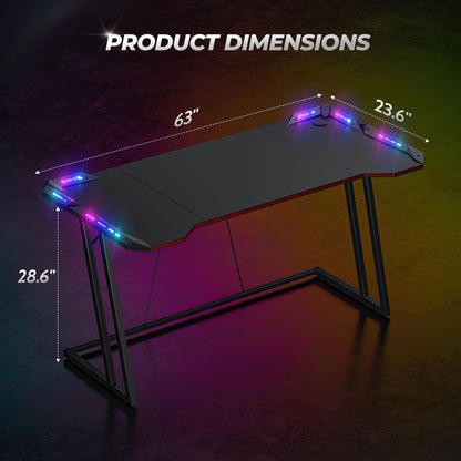 CubiCubi Gaming Desk with LED Lights, 63 Inch Z Shaped Gamer Desk, Home Game Computer Desk with Carbon Fiber Surface, Ergonomic Office PC Workstation with Cable Management, Black