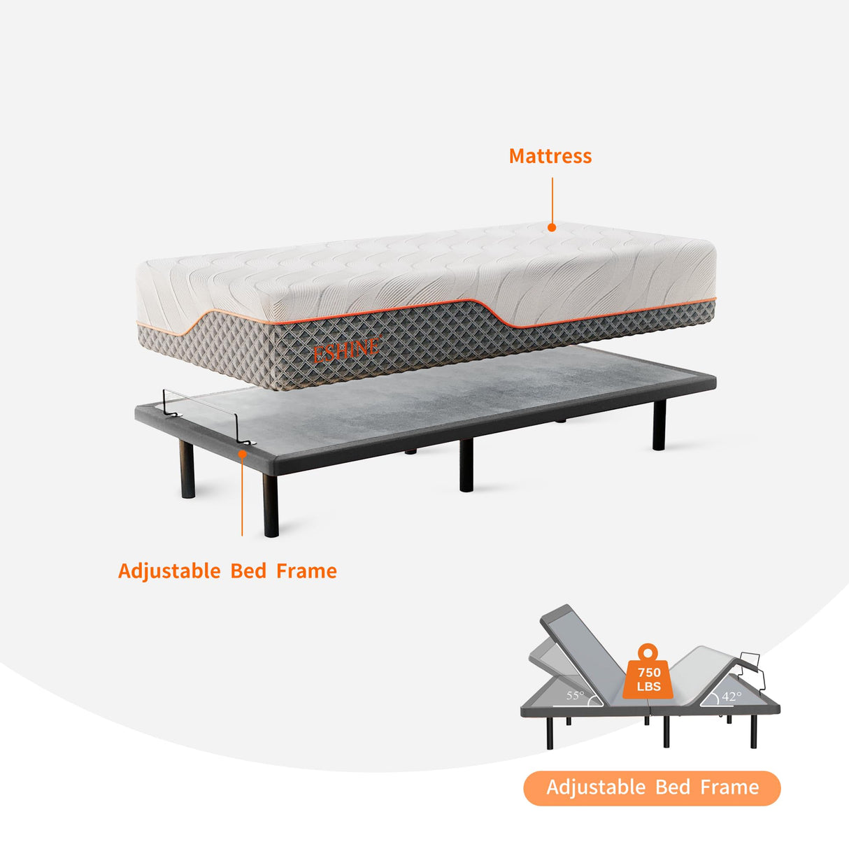 ESHINE 14" Hybrid Mattress Twin XL + Adjustable Bed Frame - Luxury Gel Memory Foam, Upholstered Bed Frames with Massage, USB, Under Bed Night Light, Head and Foot Incline, Split King ESHINE