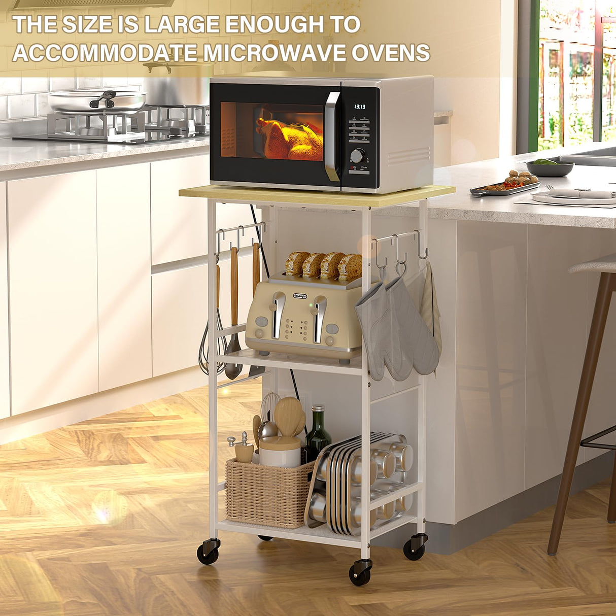 ThreeHio Rolling Kitchen Microwave Cart, 3 Tier Microwave Table Stand with Adjustable Shelf, Kitchen Storage Rack on Wheels, Coffee Station Cart Rack Shelf Organizer for Living Room Office, Balcony ThreeHio