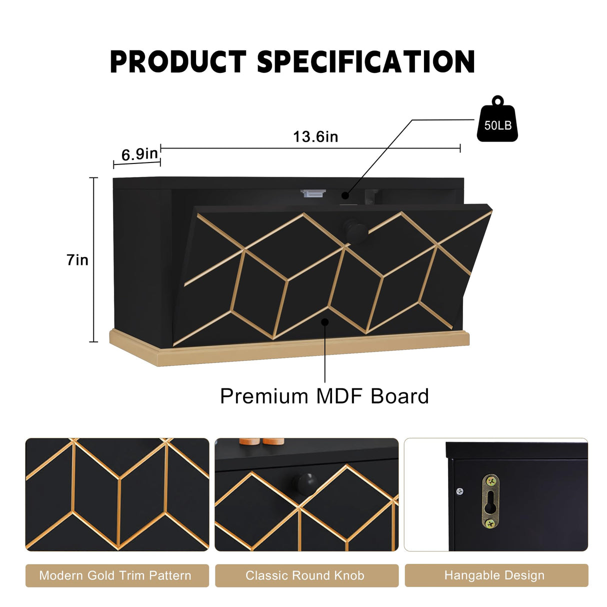 HLR Floating Nightstand, Small Nightstand with Flap Door, Morden Wall Mounted Nightstand for Bedrooms, Black HLR