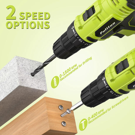 PULITUO'S 20V Cordless Drill/Driver, Electric Screwdriver - 2 Batteries, 30Nm, 21+1 Torque, 2 Speed, Keyless 3/8" Chase Drill with LED Light, Kit for Home (Green) PULITUO