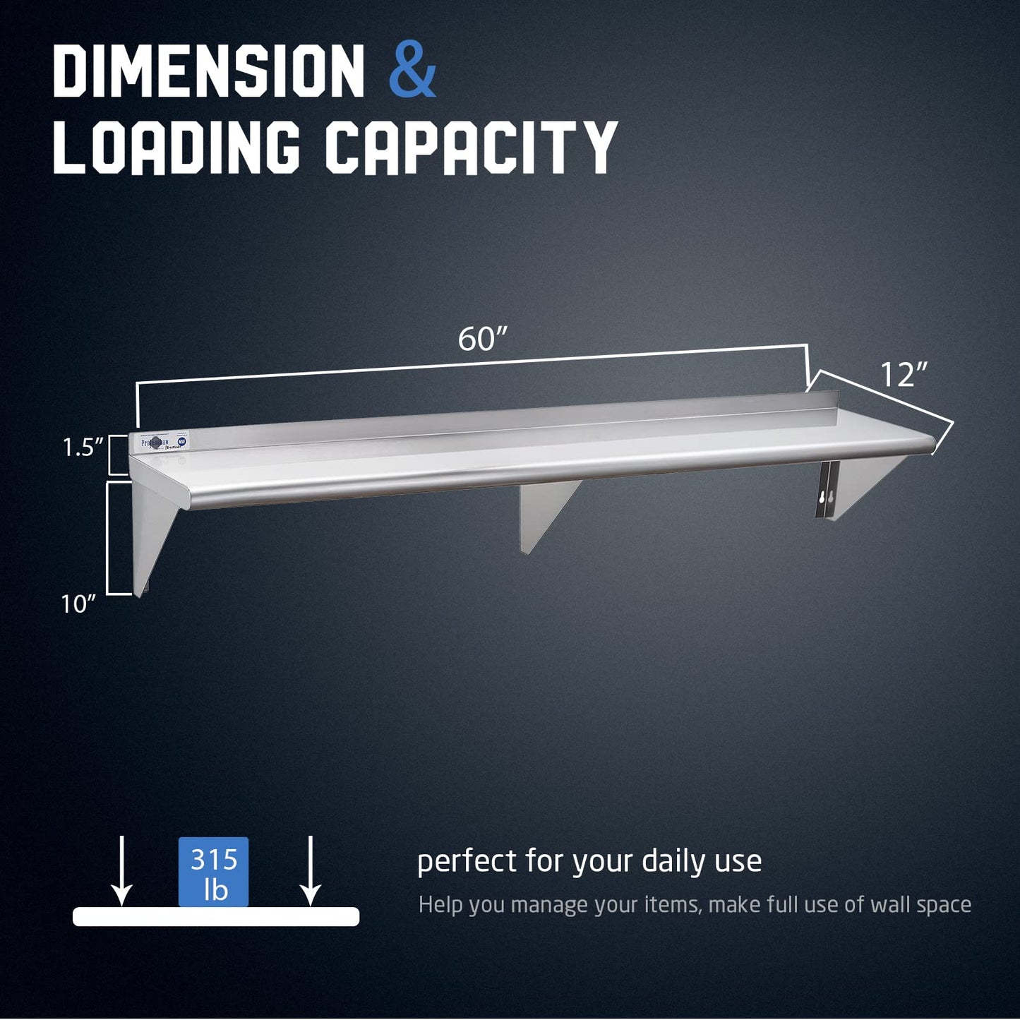 Profeeshaw NSF Stainless Steel Shelf 12” x 60”, 315 lb Commercial Shelves Wall Mounted Metal Shelving with Backsplash and 2 Brackets for Restaurant, Bar, Utility Room, Kitchen and Garage