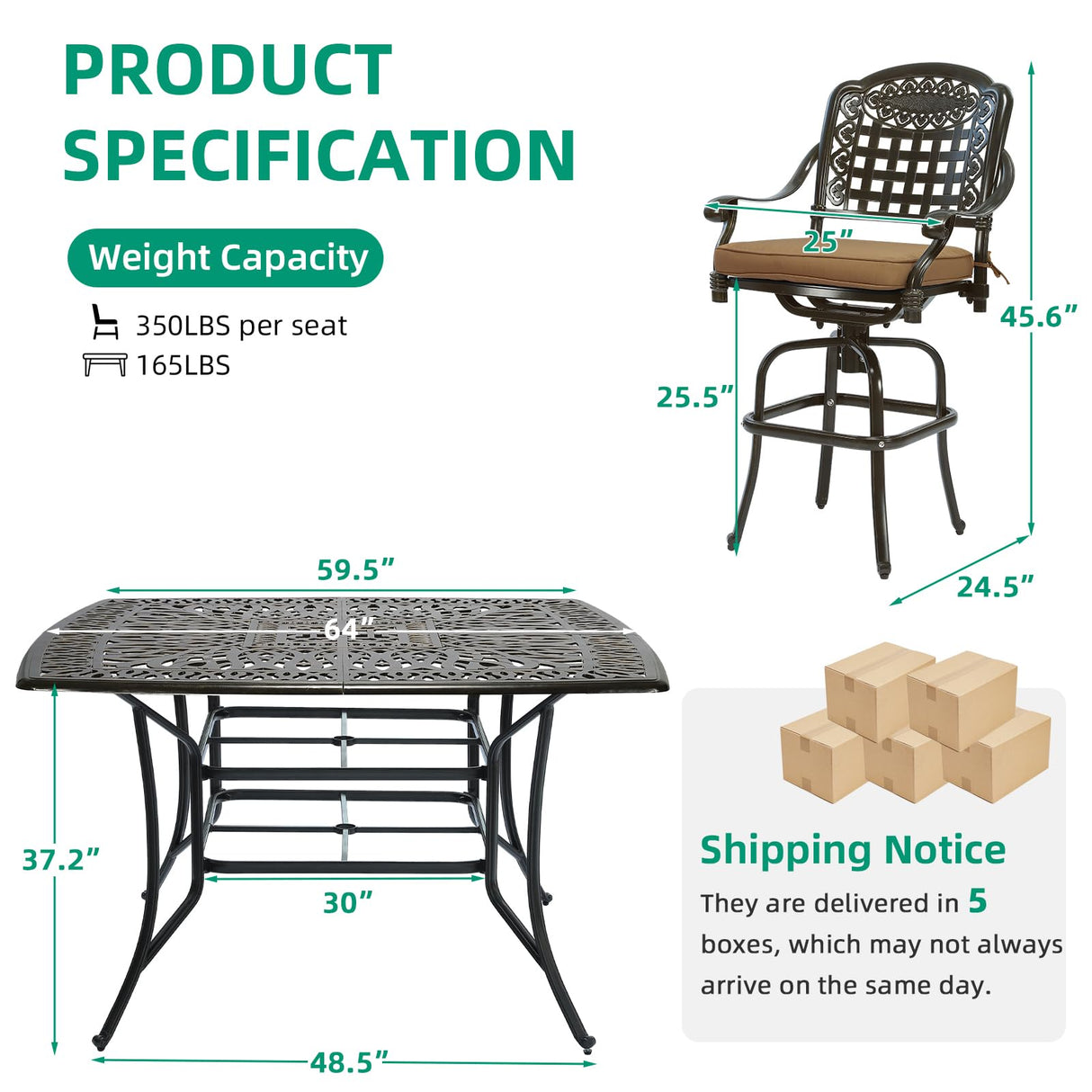 VIVIJASON 9-Piece High Patio Dining Set, Free-Rust Cast Aluminum Patio Bar Table and Chairs Set with 8 Swivel Bar Stools & 64" Bar Height Dining Table, Umbrella Hole for Backyard, Lawn, Garden VIVIJASON