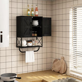 RUSTOWN Farmhouse Rustic Medicine Cabinet with Two Barn Door,Wood Wall Mounted Storage Cabinet with Adjustable Shelf and Towel Bar, 3-Tier Cabinet for Bathroom, Living Room(Black) RUSTOWN