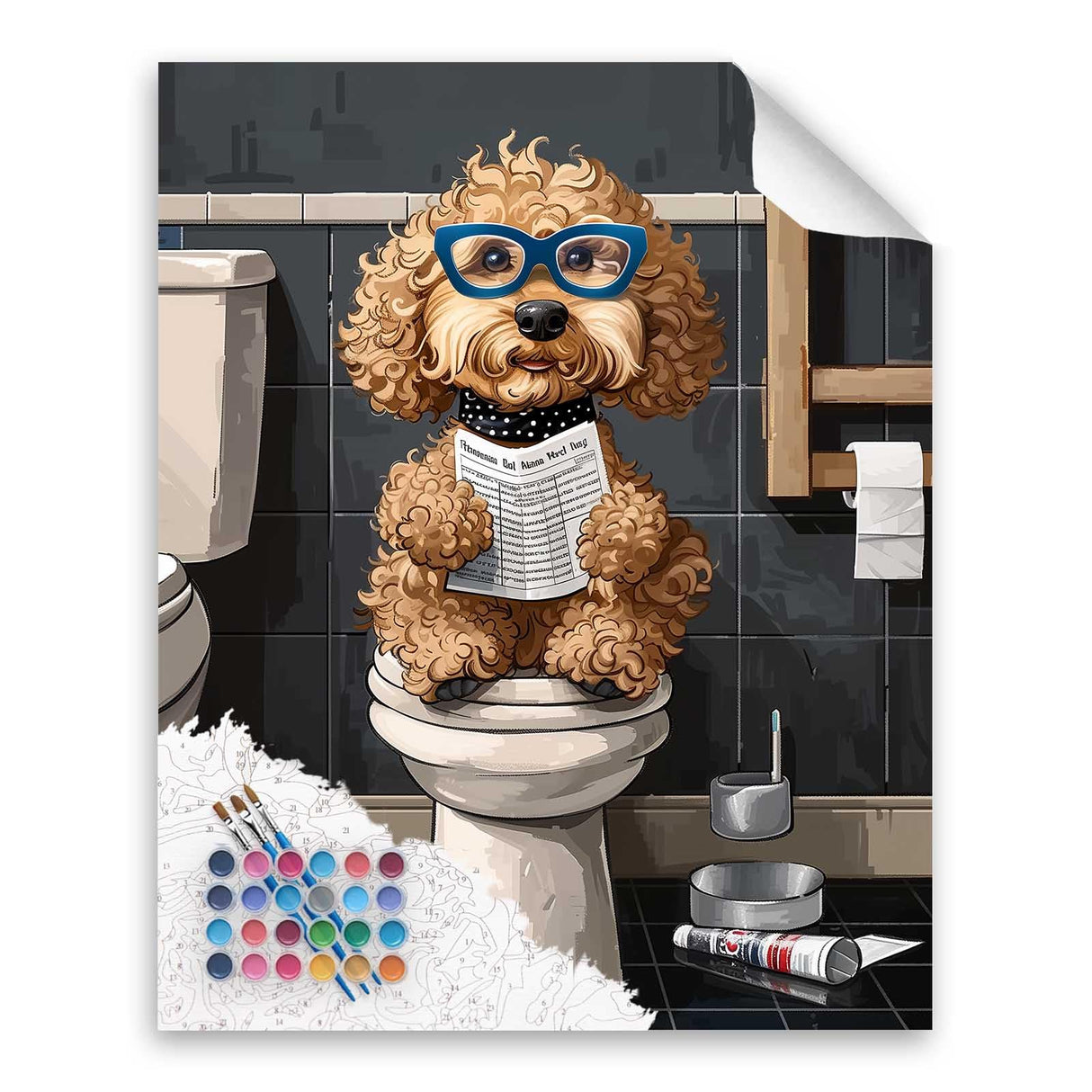 Animals in Bathroom Paint by Number, Dog Wall Art, Animal on Toilet Paint by Numbers Kit for Adults, Funny Number Painting, Animal Bathroom Acrylic Paintings, Home Wall Decor, 16x20inch, No Frame Cawpom