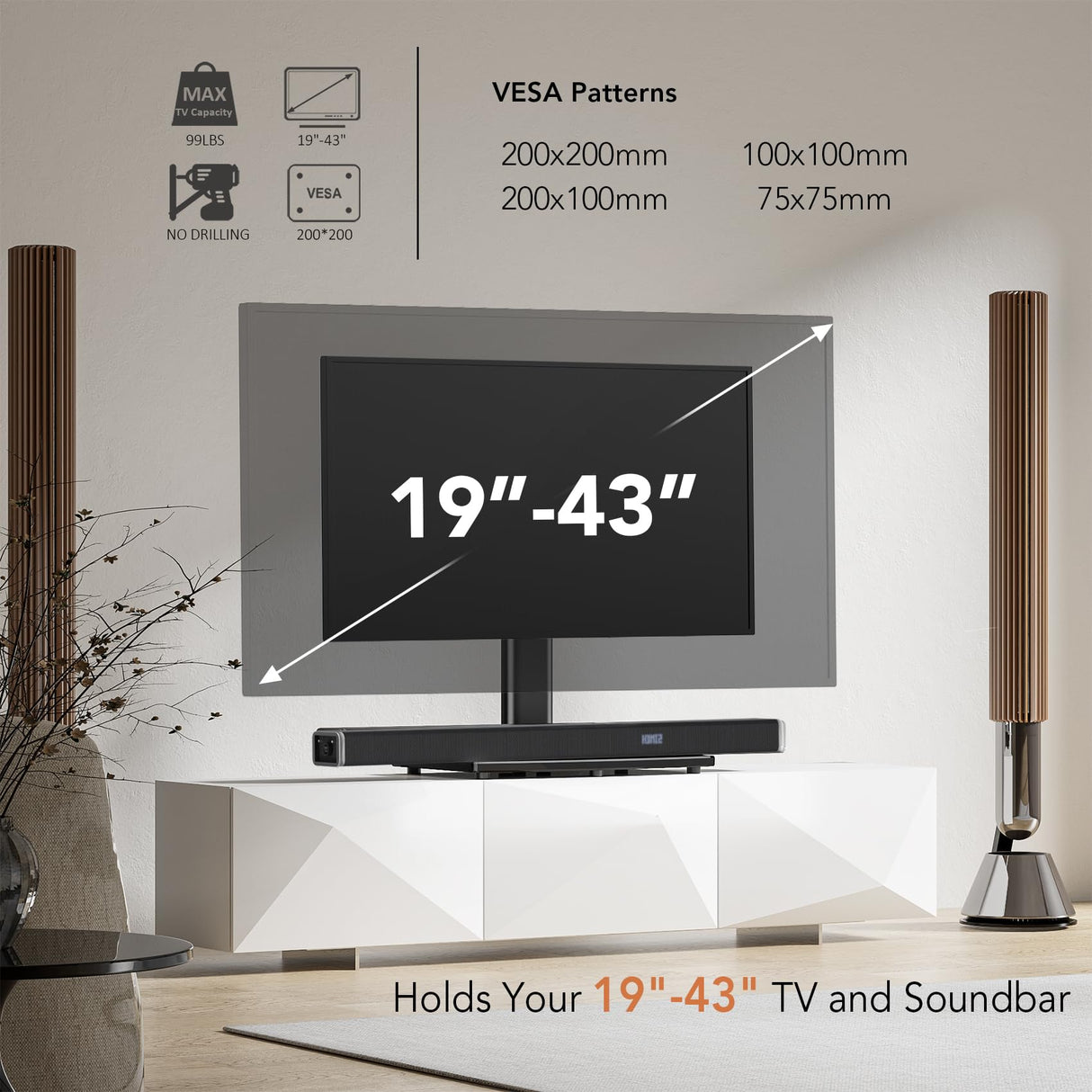 Universal Swivel TV /Table Top TV Stand for 19 to 43 inch TVs with 90 Degree Swivel, 4 Level Height Adjustable, Heavy Duty Tempered Glass Base, Holds up to 99LBS HT02B-001 Hemudu