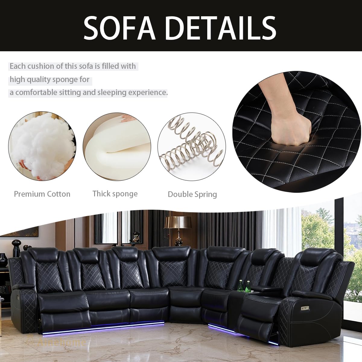 A Ainehome Black Leather Power Reclining Sectional Sofa with LED, Power Recliner Sectional Couch with Recliner Living Room Set with USB Port&Read Light for Living Room A Ainehome