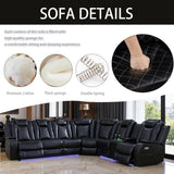 A Ainehome Black Leather Power Reclining Sectional Sofa with LED, Power Recliner Sectional Couch with Recliner Living Room Set with USB Port&Read Light for Living Room A Ainehome