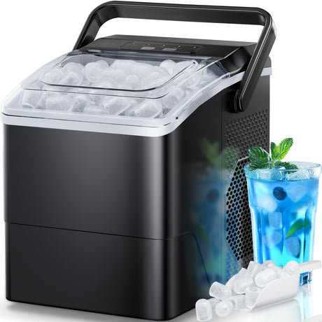 HOMEZAY Ice Maker Countertop, 9 Cubes Ready in 6 Mins, 26 lbs per Day, Ice Machine with 2 Ice Sizes and Self-Cleaning, Portable Ice Maker with Handle for Home, Kitchen, Camping, RV, Office, Black HOMEZAY