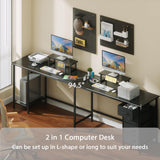 Korfile 66" L Shaped Computer Desk with Power Outlets, Corner Desk with 2 Monitor Stands, Home Office Desk with 4 Adjustable Storage Drawers & Shelves, Large Desk for Gaming Writing Study Work, Black Korfile