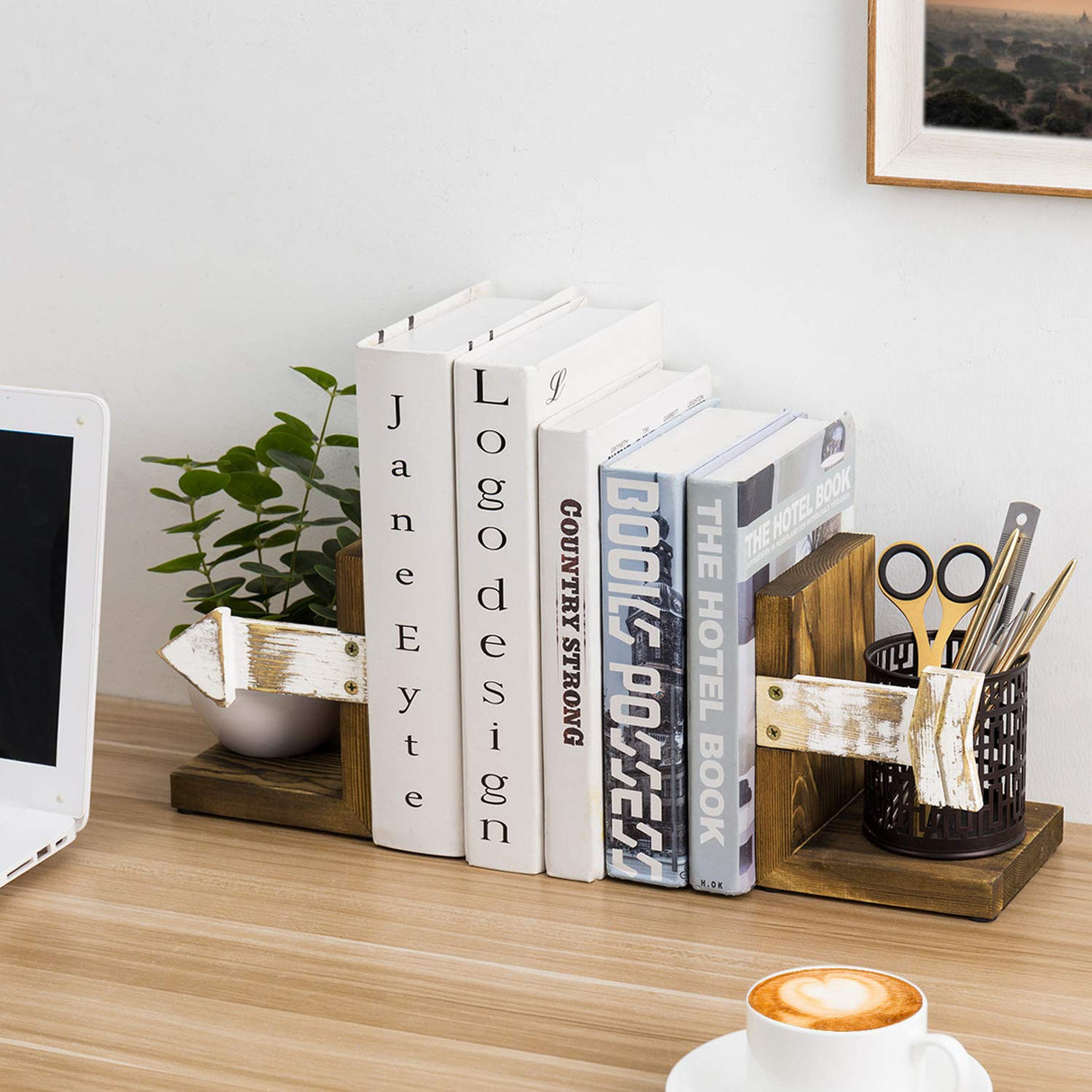 MyGift Rustic Book End, Whitewashed Arrow Design and Burnt Dark Brown Wood Tabletop Bookend Support Stands, Set of 2 MyGift