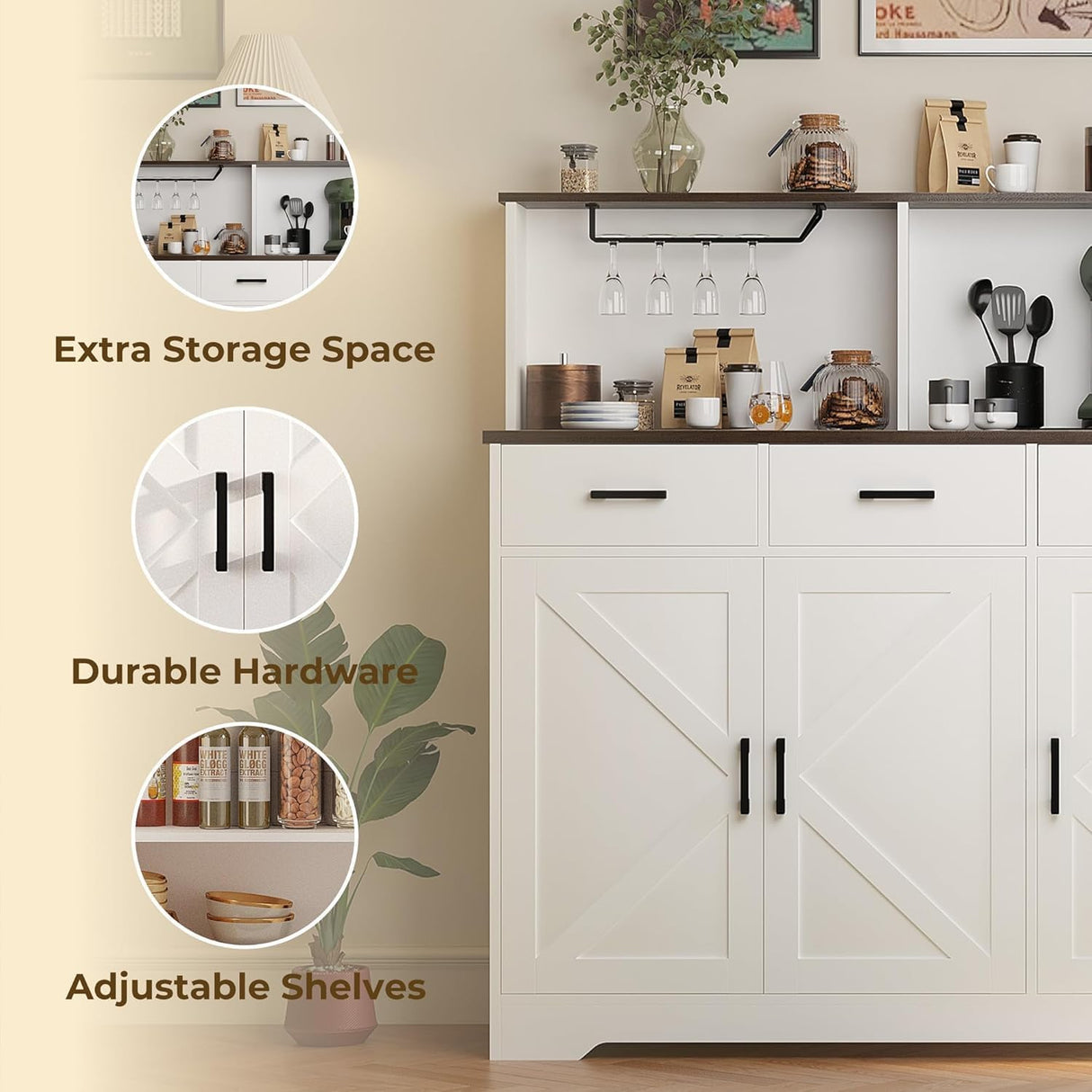 Garveehome Farmhouse Sideboard Buffet Cabinet with Microwave Stand, Barn Doors Buffet Storage Cabinet with Drawers and Shelves, Wood Coffee Bar Pantry for Kitchen, Dining Room, Living Room, White GarveeHome