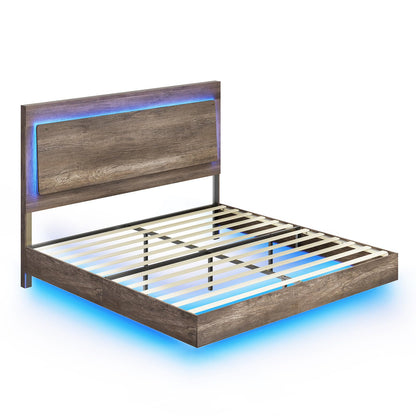 AMERLIFE Farmhouse Floating Queen Bed Frame with Recline Headboard and RGB LED Lights - Washed Gray - WoodArtSupply