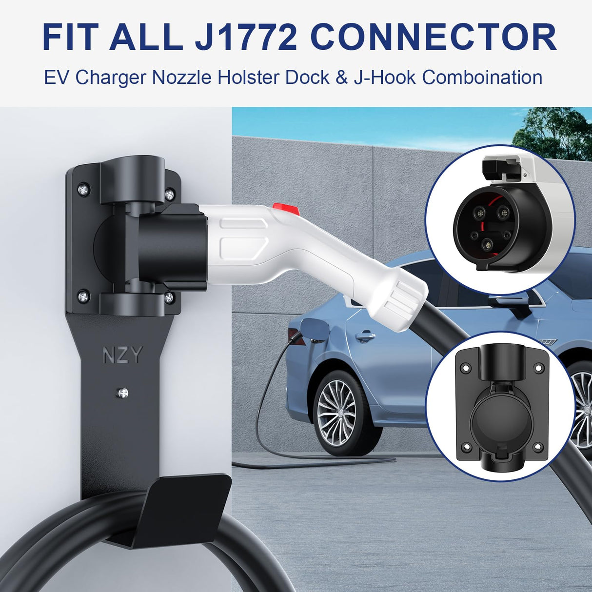 EV Charger Holder Wall Mount Kit, 180° Rotation EV Charger Nozzle Holster Dock for SAE J1772 Connector, Outdoor/Indoor, J-Hook EV Charger Cable Organizer for Electric Vehicles NZY