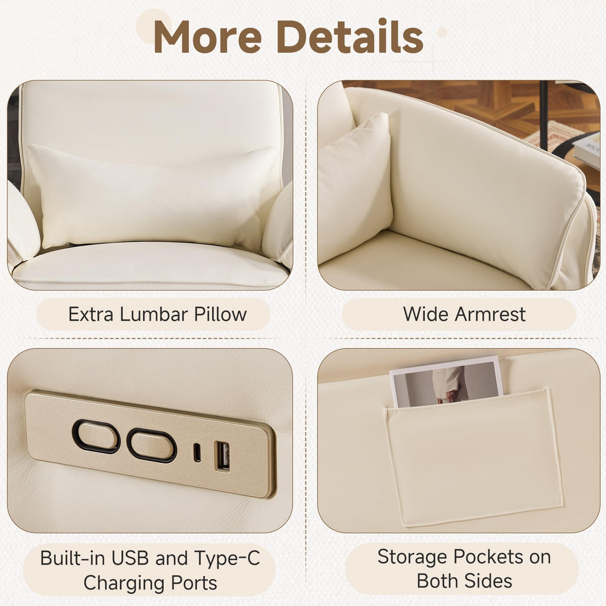 Power Recliner Rocking Chair Nursery Gliders with Adjustable Armrests and Headrest, Swivel Electric Glider Reclining Nursing Chair with USB Port and Storage Bags, FSC Certified(Leather, Beige) MELLCOM