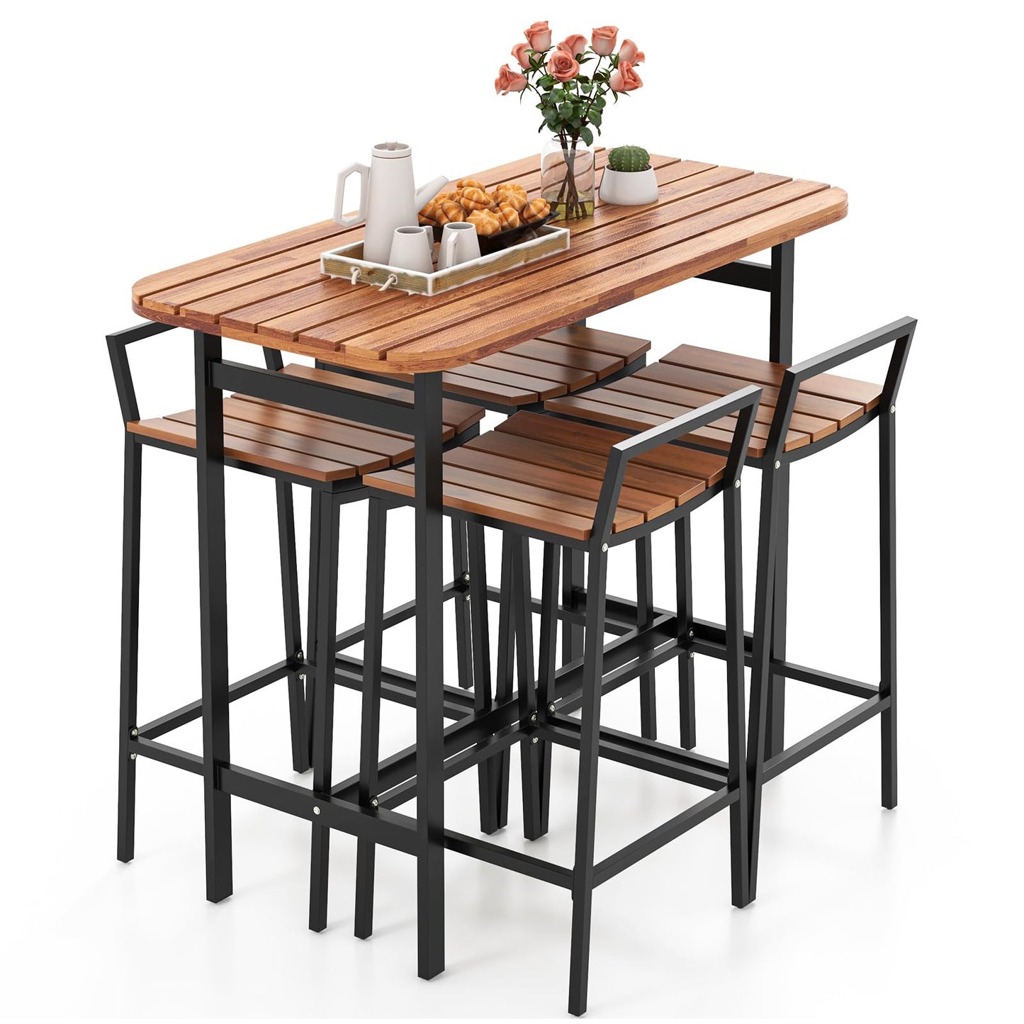 HAPPYGRILL 5-Piece Acacia Wood Outdoor Bar Set with Metal Frame & Footrest