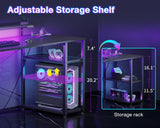 MOTPK Gaming Desk with Led Lights & Power Outlet, 47 Inch Gaming Computer Desk with Shelves, Reversible Gamer Desk Table with Adjustable Monitor Stand & Headphone Hook, Carbon Fiber Texture, Black MOTPK