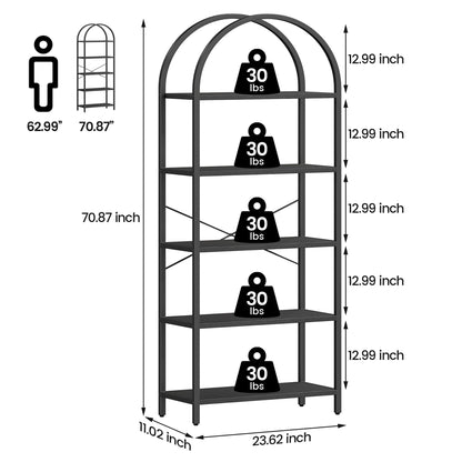 5-Tier IDEALHOUSE Arched Black Bookshelf with Metal Frame - Tall Open Storage Rack for Home or Office - WoodArtSupply