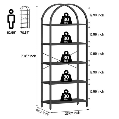 5-Tier IDEALHOUSE Arched Black Bookshelf with Metal Frame - Tall Open Storage Rack for Home or Office IDEALHOUSE