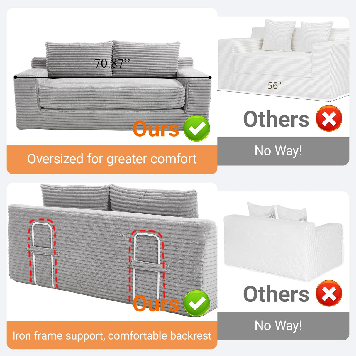 Fefances Loveseat Sofa Bed Boneless Couch, Convertible 2-in-1 Design, Corduroy Fabric - Compact Memory Foam Couch for Small Spaces, Apartments, Home Office & Bedroom （Grey） Fefances