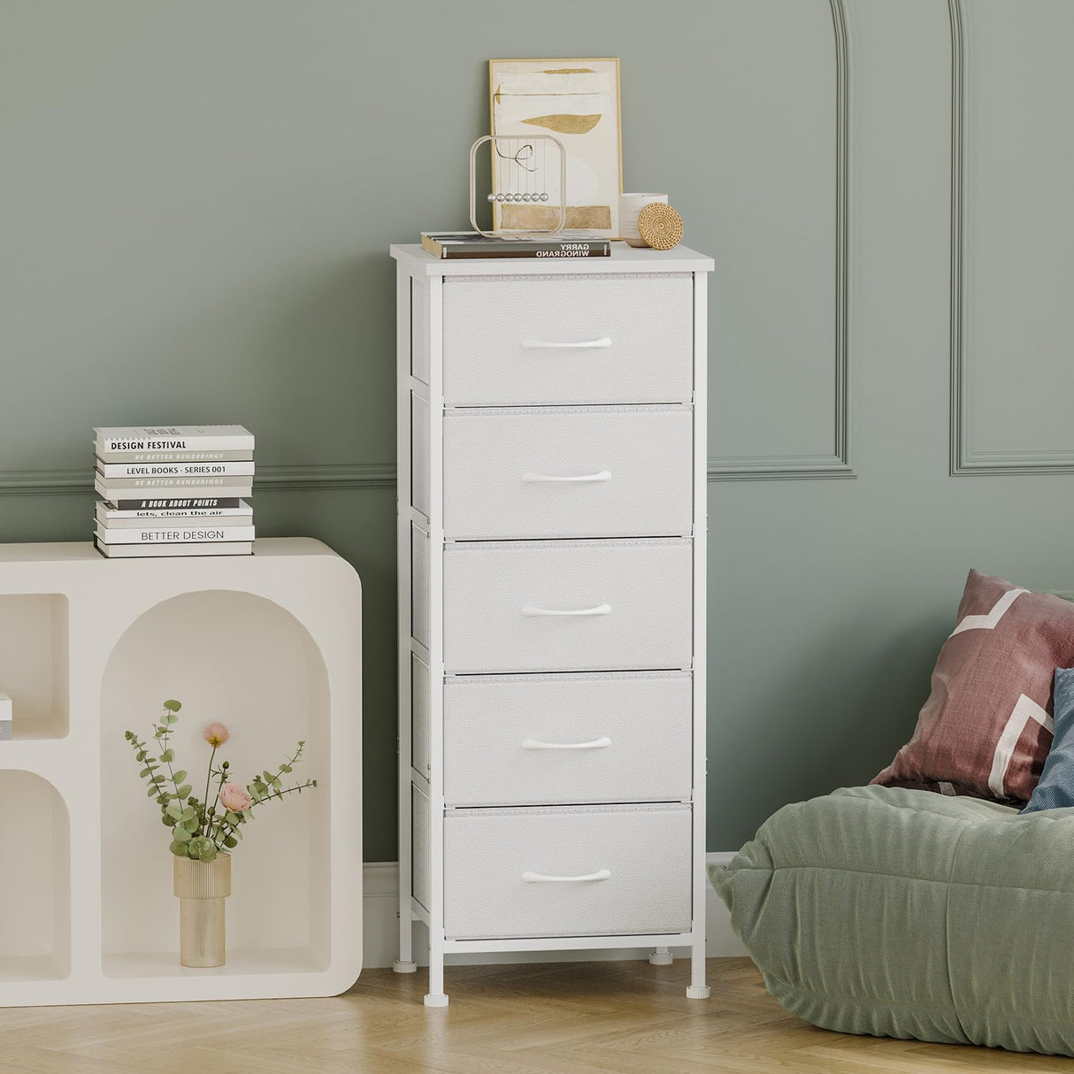 Fixwal White Tall Dresser for Bedroom, Closet Organizers and Storage Tall Fabric Dresser for Closet, Drawer Organizer with 5 Drawers, Bedroom Furniture Fixwal