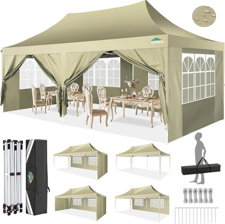 COBIZI 10x20 Pop Up Canopy Tent with Sidewalls,Party Tent Outdoor Gazebos, Waterproof & UV50+,3 Adjustable Heights,Higher Frame Design - Extra Tall for Parties Backyard,Weddings,Markets,(Khaki) COBIZI