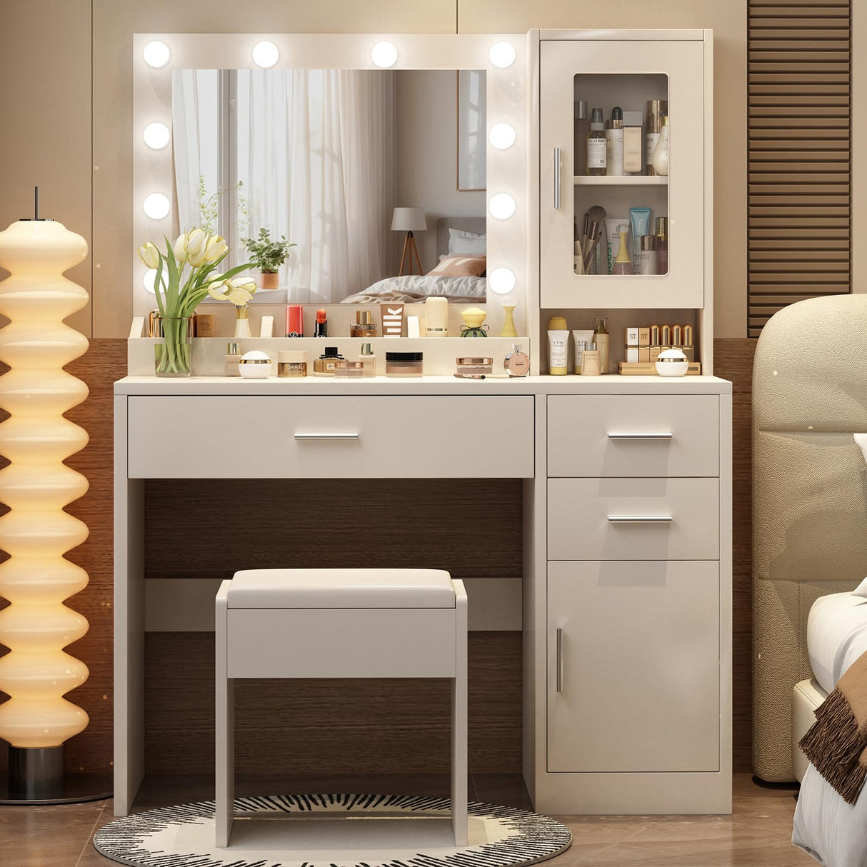 ENDYOE Makeup Vanity Desk Set with LED Lights Mirror Chair, Vanity Table with 7 Storage Shelves and 3 Drawers,3 Lighting Modes Adjustable Brightness Dressing Table for Bedroom,White ENDYOE