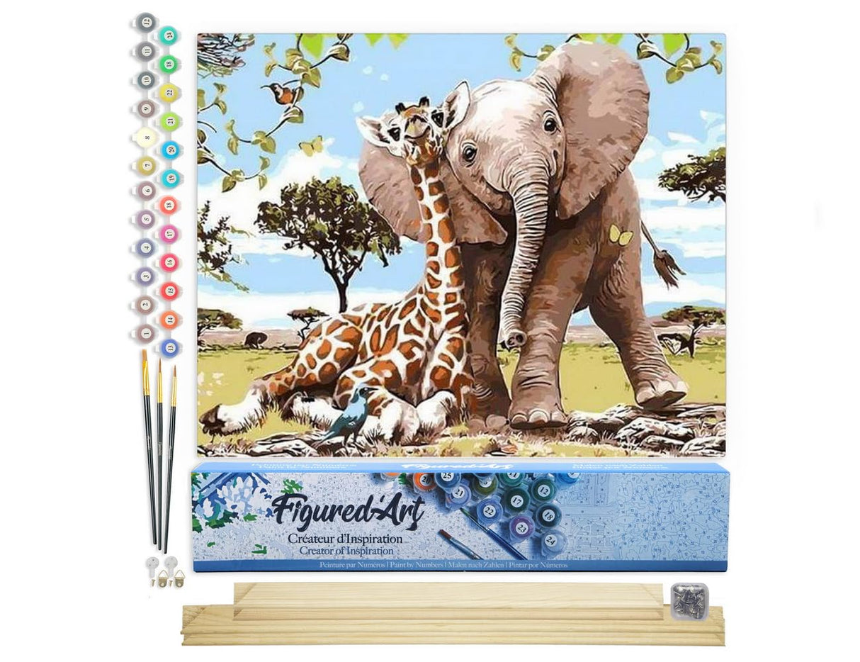 Figured'Art Paint by Numbers Kit for Adults Elephant & Giraffe Friends 16"x20" - Craft Art Painting Rolled Canvas with DIY Wooden Frame Figured'Art