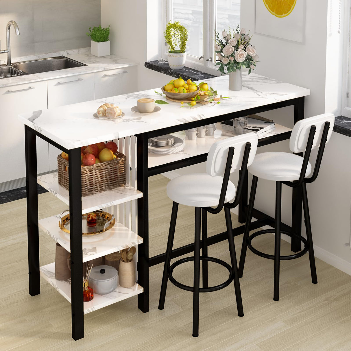 AWQM 3-Piece Bar Table and Chairs Set, Modern White Faux Marble Table with 2 PU Cushion Bar Stools, Kitchen Counter with 3 Tier Storage Shelves, Space Saving Table for Home & Kitchen, Black Frame AWQM