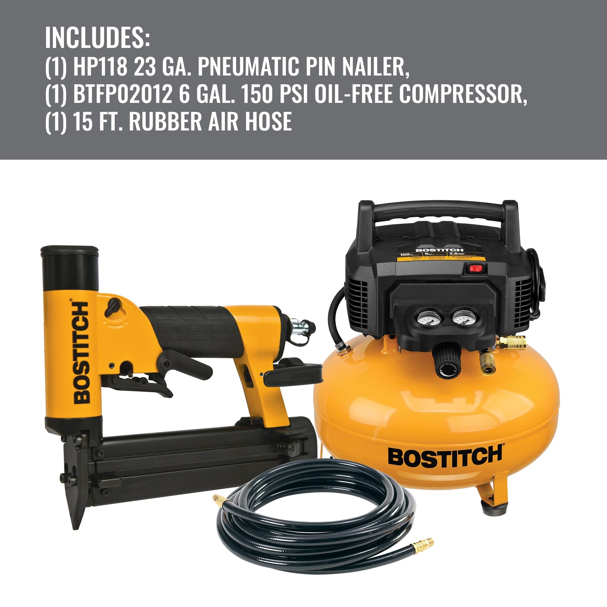 BOSTITCH Pneumatic Pin Nailer Compressor and Hose Combo Kit, 23 Gallon (BTFP1KITPN) - WoodArtSupply