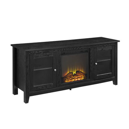 Walker Edison Rustic Wood and Glass Fireplace TV Stand for TV's up to 64" Flat Screen Living Room Storage Cabinet Doors and Shelves Entertainment Center, 58 Inch, Black