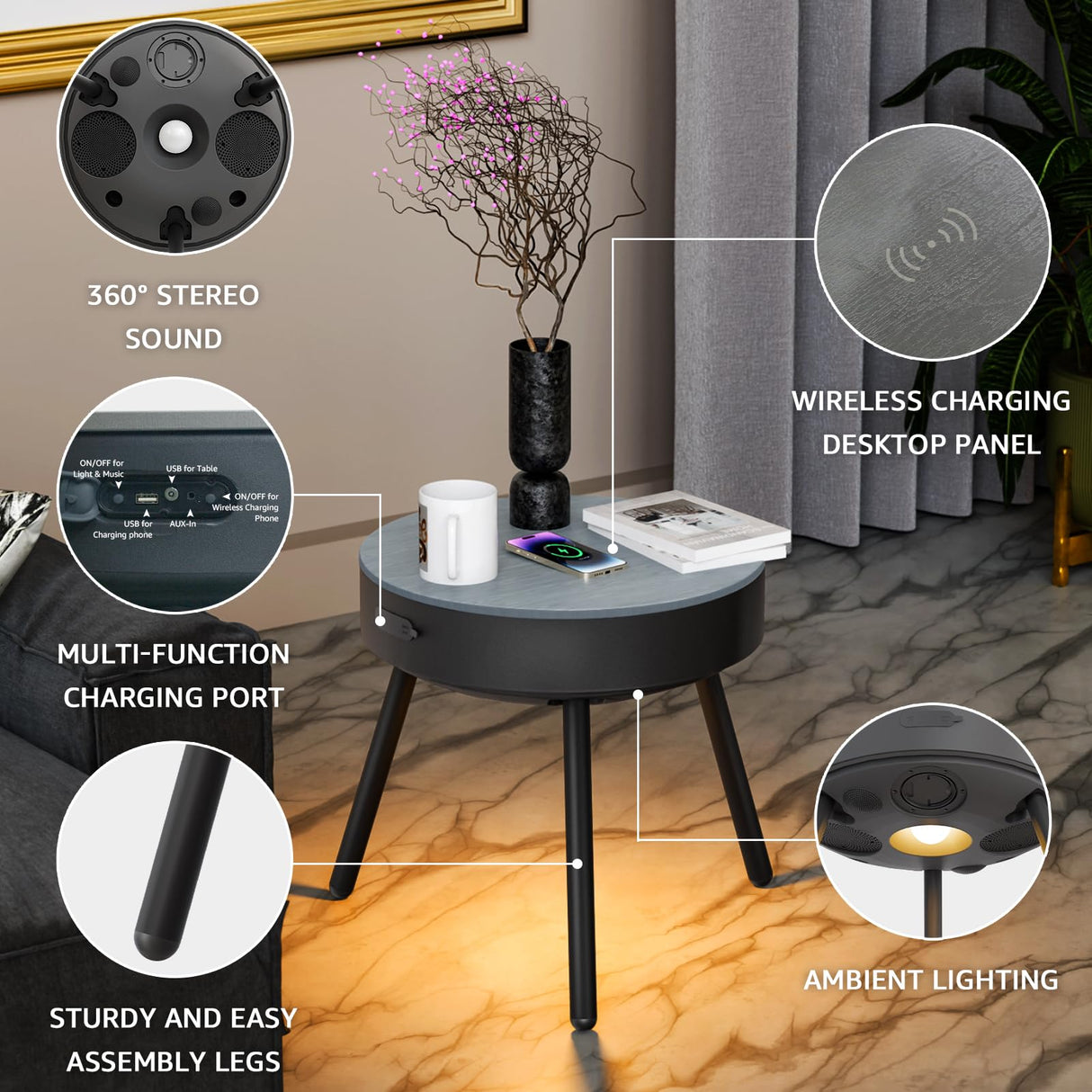 Smart Round Side Table with Charging and Smart Round Coffee Table - in Sound System, Modern Bedside Table for Nursery and Bedroom, Nightstands with Charging Station (Black) uuffoo
